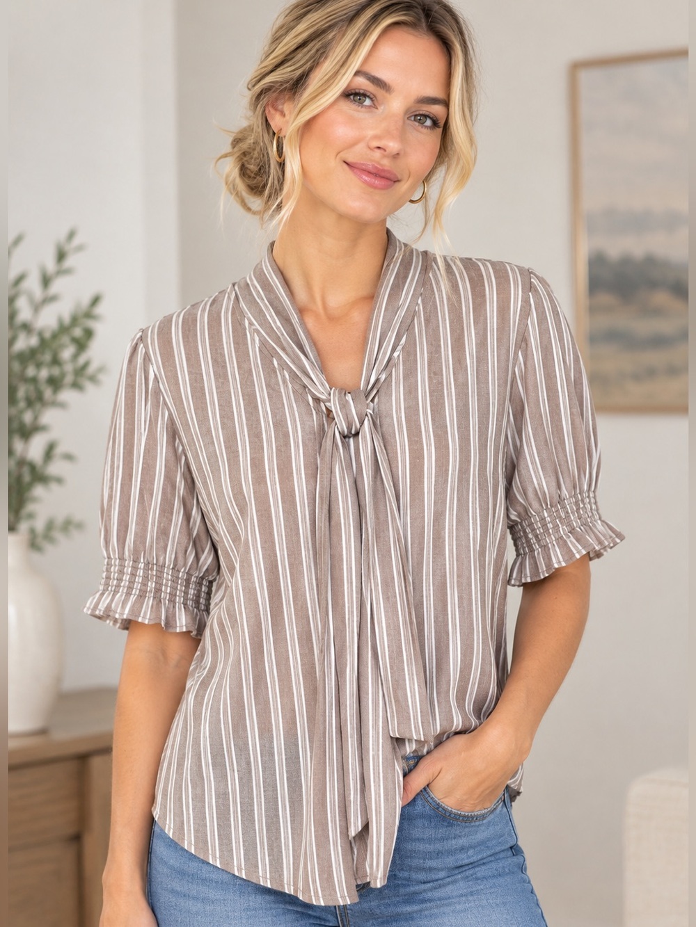 Adrianna Papell Brown and White Striped Blouse with Smocked Ruffle Sleeves